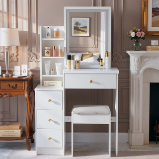 Sunvega Small Space Left Bedside Cabinet Vanity Table with Cushioned Stool and Sliding Mirror