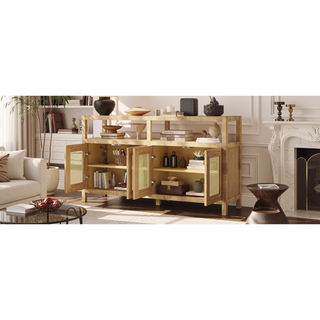 Sunvega Bohemian Style Rattan Buffet Cabinet with Solid Wood Frame and Adjustable Shelves for Living Dining Rooms