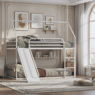 Sunvega Twin Over Twin House Bunk Bed with Slider and Ladder for Kids Room