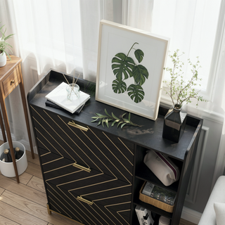 Sunvega Modern Rustic Entryway Shoe Cabinet with 3 Flip Drawers and Open Shelves