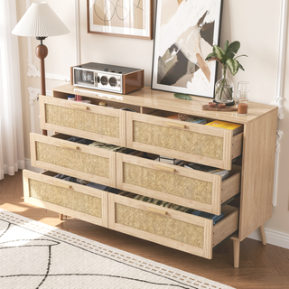 Sunvega Rattan 6 Drawer Dresser with Wood Handles for Bedroom Storage Cabinet