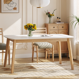 Sunvega Mid-Century Modern Dining Table with Faux Wood Top and Rubberwood Legs