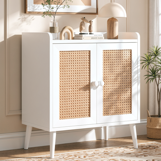 Sunvega Medieval Style Buffet Cabinet with Rattan Doors and Baffle Strip Design