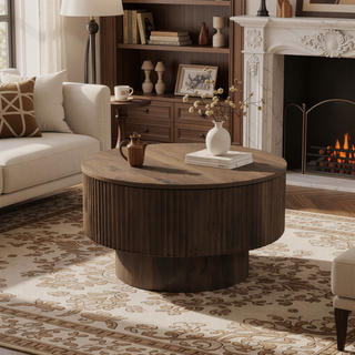Sunvega MDF Modern Circular Coffee Table with Concealed Storage and Stripe Design