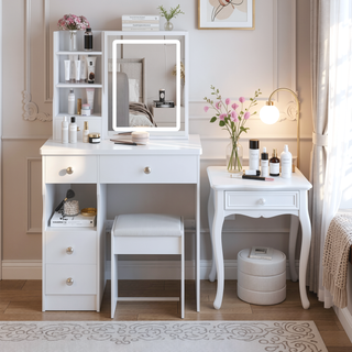 Sunvega Small Size Left Drawer Vanity Table with Cushioned Stool and LED Mirror