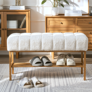 Sunvega Teddy Fabric Upholstered Storage Bench with Shelf for Bedroom Living Room