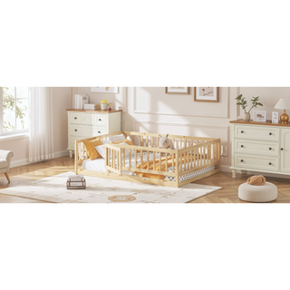Sunvega Full Size Montessori Floor Bed with Fence Door and Slats for Kids