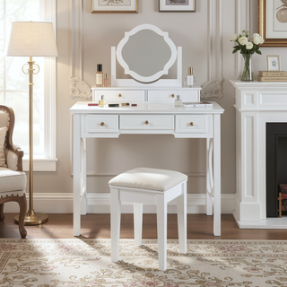 Sunvega Compact Makeup Vanity Table with Reversible Mirror and Stool for Small Spaces