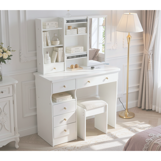 Sunvega Small Size Left Drawer Desktop Vanity Table with Cushioned Stool