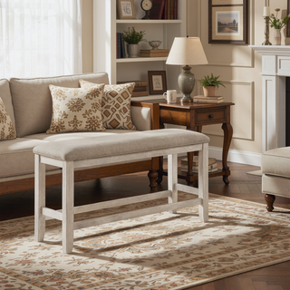 Sunvega Modern Farmhouse Counter Height Dining Bench with Antique White Finish and Upholstered Seat