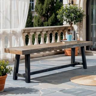 Sunvega Outdoor Acacia Wood Bench with Sandblast Gray Finish and Black Legs