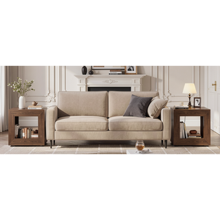 Sunvega Industrial Rustic Brown Wood End Table with 2 Tiered Storage Shelf and USB Outlets