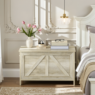 Sunvega Farmhouse Storage Chest Organizer with Safety Hinge and Wood Grain Effect