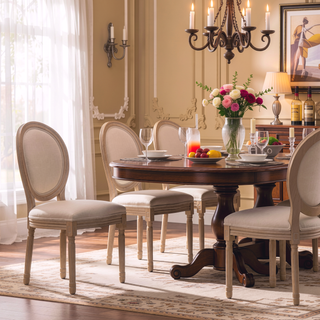 Sunvega French Style Solid Wood Frame Linen Fabric Oval Back Dining Chairs Set of 2