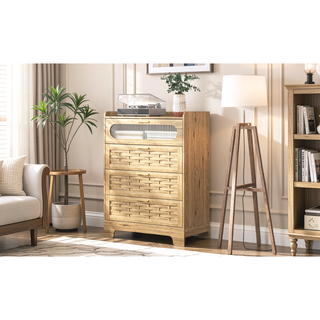 Sunvega Mid-Century Wood Storage Cabinet with 3 Woven Doors and Adjustable Shelf