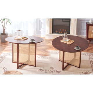 Sunvega Chinese Country Retro Walnut Solid Wood Round Table with Imitation Rattan Legs