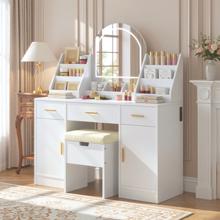 Sunvega Makeup Vanity with Sliding Mirror, LED Lights, Storage Stool, and Charging Station
