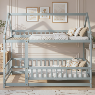 Sunvega Twin Size Wooden Floor Bed with Roof Frame and Safety Guardrails in Grey
