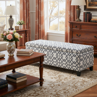 Sunvega Dark Brown Stained Legs Birch Wood Storage Bench Ottoman with Geometric Pattern