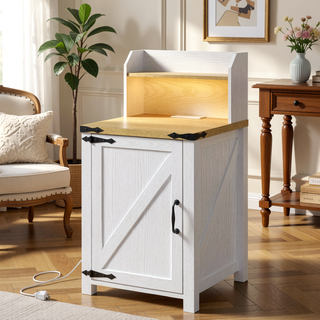 Sunvega Farmhouse End Table with Barn Door, Charging Station, and Adjustable Shelf