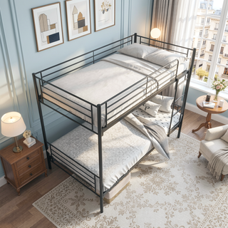 Sunvega Sturdy Twin over Twin Metal Bunk Bed Frame with Ladder and Vintage Headboard