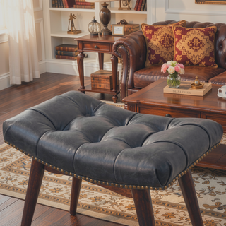 Sunvega Modern Walnut Footstool with Black Buffalo Leather Upholstery and Deep Button Design