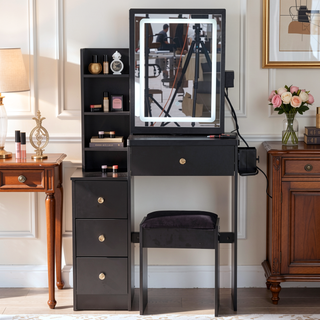 Sunvega Small Space Left Bedside Cabinet Vanity Table with Cushioned Stool and Sliding Mirror