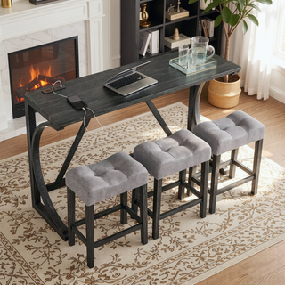 Sunvega 59 Inch Bar Table Set with Power Outlet and 3 Upholstered Stools for Living Room