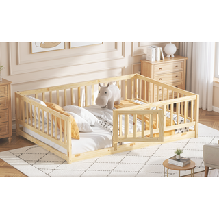 Sunvega Full Size Montessori Floor Bed with Fence Door and Slats for Kids