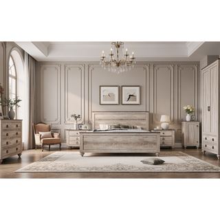 Sunvega Contemporary White Wash Queen Bedroom Set with Dresser Mirror Nightstands Chest