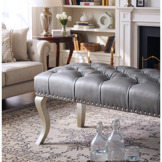 Sunvega Champagne Tufted Fabric Upholstered Bench with Nailhead Trim