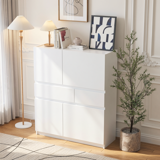 Sunvega White Wooden Storage Cabinet with 4 Doors and 2 Drawers for Living Room