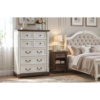 Sunvega 7-Drawer Solid Wood Dresser with Antique Two-Tone Wood Grain and Distressed Finish
