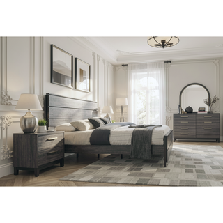 Sunvega Antique Grey Finish Wood King Bed Dresser Mirror Nightstand Set