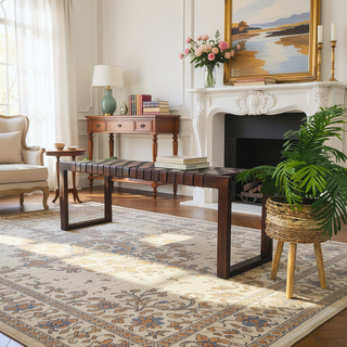 Sunvega Mid-Century Modern Tan Leather Bench with Solid Wood Frame and Tapered Legs