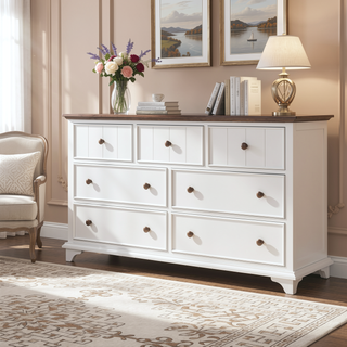 Sunvega Retro White and Walnut Wooden Seven-Drawer Dresser for Bedroom Storage