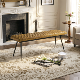 Sunvega Tufted Cushion Side Bench with Padded Goat Leather Upholstery and Tapered Metal Legs