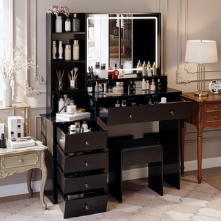 Sunvega 41 Inch Large Size Left Bedside Cabinet Vanity Table with Cushioned Stool