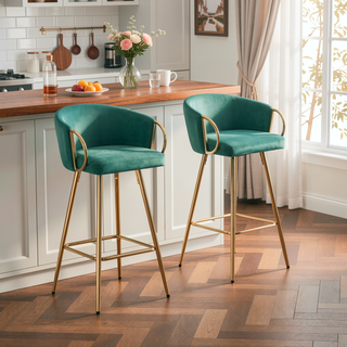 Sunvega 30 Inch Set of 2 Velvet Bar Stools with Chrome Footrest and Golden Leg