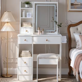Sunvega Small Left Drawer Vanity Table with Stool Tri-Color LED Mirror Power Station