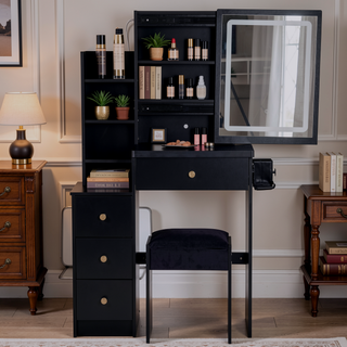 Sunvega Small Space Left Bedside Cabinet Vanity Table with Cushioned Stool and Sliding Mirror