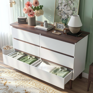 Sunvega Modern 5 Drawer Dresser with White & Walnut Finish for Bedroom