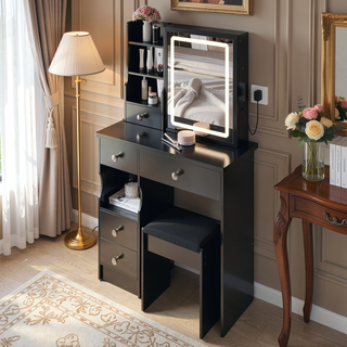 Sunvega Small Size Left Drawer Desktop Vanity Table with Cushioned Stool and Adjustable LED Mirror