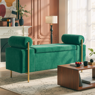 Sunvega Elegant Upholstered Linen Storage Bench with Cylindrical Arms and Iron Legs