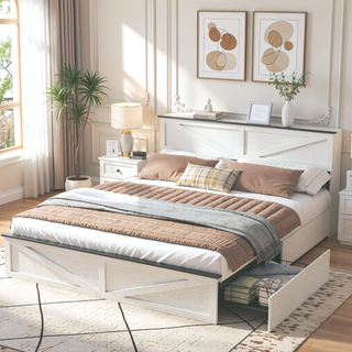 Sunvega Farmhouse Full Size Bed Frame with Storage Headboard, Drawers, Charging Station & LED Lights