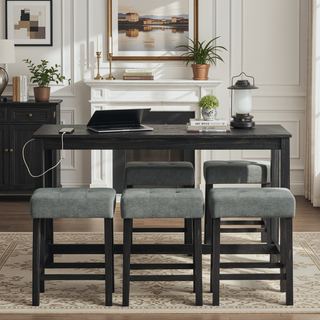 Sunvega 59 Inch Bar Table Set with Power Outlet and 3 Upholstered Stools for Kitchen