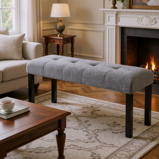 Sunvega Modern Tufted Linen Entryway Bench with Black Rubber Wood Legs for Kitchen