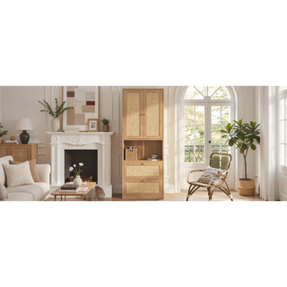 Sunvega Rattan Storage Cabinet with USB Ports and 3 Drawers for Bedroom