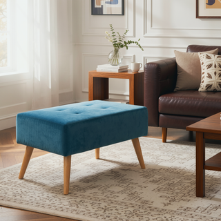 Sunvega Mid Century Modern Tufted Ottoman with Solid Birch Legs for Seating