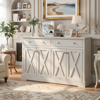 Sunvega Vintage White Sideboard with Two Drawers Four Doors and Adjustable Shelf